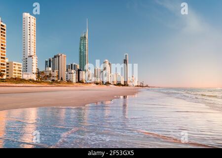 Early morning, Surfers Paradise Beach. This popular beach is on the Gold Coast, Queensland, Australia and is popular with tourists and locals alike. Stock Photo