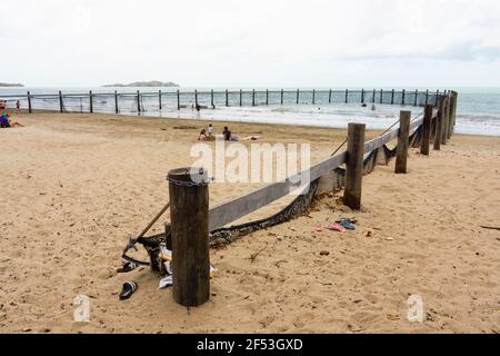 A netted beach swimming enclosure protecting people from sharks, jellyfish and stingers Stock Photo