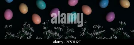 Banner of pastel colored eggs and white small flowers with a black background. Stock Photo