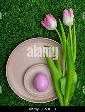 Top view, Pink colored tulips with a pink Easter egg in plate on grass.. Stock Photo
