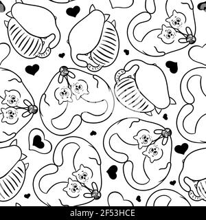 Vector seamless pattern with hand draw textured cats in graphic doodle style, kittens hug, in the shape of a heart. Black and white endless background Stock Vector