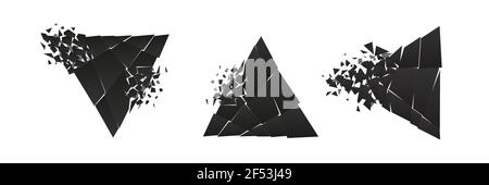 Shape shattered and explodes flat style design vector illustration set isolated on white background. Triangle shapes in grayscale gradient exploding c Stock Vector