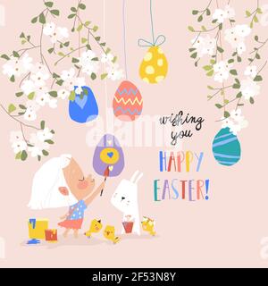 Cartoon Easter illustration with girl, rabbit and easter eggs Stock Vector