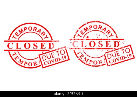 Vector, Clean and Rust Red Rubber Stamp, Temporary Closed Due To Coronavirus or Covid-19, Isolated on White Stock Vector
