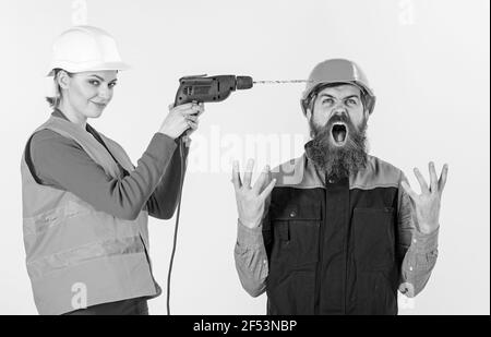 Man in helmet with angry shouting face fed up Stock Photo