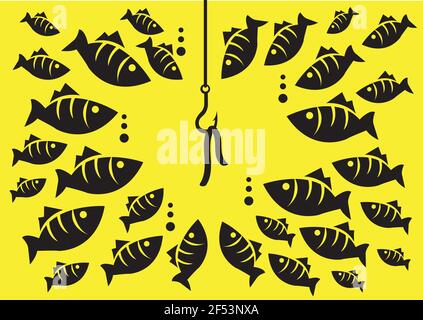 Vector illustration fish hook with bait attracted many fishes of different sizes under the sea isolated on yellow background. Stock Vector