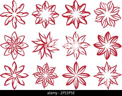Set of vector flora design elements in red isolated on white background. Stock Vector