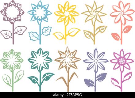 Set of designs of flowers on stalks with leaves. Set of ten vector illustration isolated on white background. Stock Vector