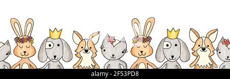 Animals cute seamless border on a white background. Repeating horizontal kids pattern painted dog, cat, rabbit, bunny. Cartoon cute illustration for Stock Photo