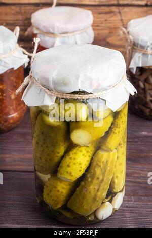 Preservation of vegetables in banks. Fermentation products. Harvesting cucumbers for the winter. Copy space Stock Photo