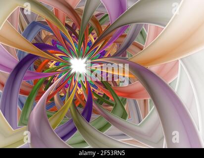 Spiral Petal Fireworks computer-generated image. Abstract fractal of Beautiful flower of ribbons. Background for wallpaper, album, poster, booklet. Di Stock Photo