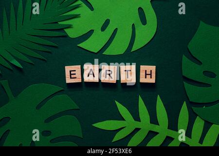 Creative layout made of tropical leaves with the inscription "Earth". View from above. Nature concept. Abstract background from paper tropical leaves. Stock Photo