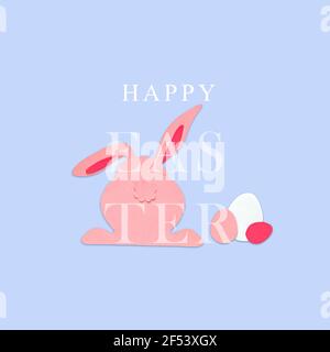 Easter creativity. Cut out paper rabbit and eggs on a blue background, back view. The inscription "Happy Easter". Easter concept. Stock Photo