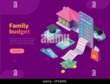 Family budget isometric landing page. Mobile, car, cash, house, pills, invoice and education 3d vector web banner. Mobile phone application for money expenses and income analytic, financial planning. Stock Vector