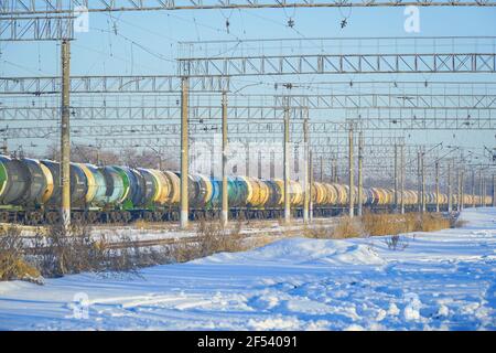 Chapaevsk, Samara region, Russia - December 08, 2020: Railway tanks at the station against the blue sky Stock Photo
