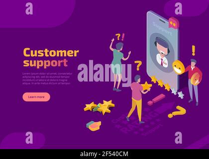 Customer support isometric landing page. Online consultation service, virtual call center. Operator in headset via mobile app consulting, answers to frequently asked questions. Clients receive answers Stock Vector