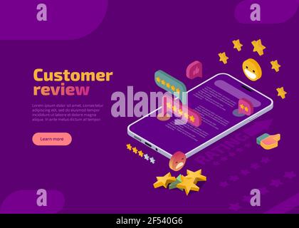 Customer review isometric landing page. Usability evaluation, feedback, reputation, satisfaction client and star rating system concept. Social media digital marketing evaluation web banner, website. Stock Vector