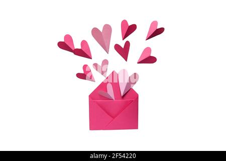 Floating pink hearts flying out of an envelope. Valentine's day concept. Isolated on white. Stock Photo