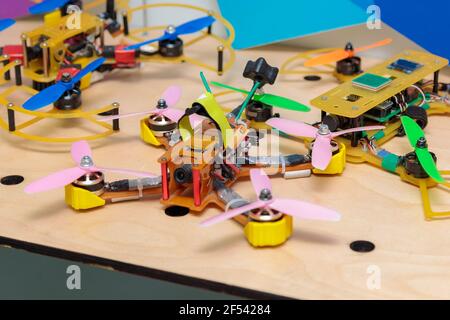 Various designs of mini drones for high-speed flights. Shooting video from a height Stock Photo