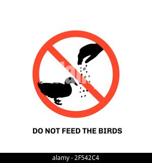 Prohibition sign with text do not feed the birds and hand silhouette giving food to duck. Stock Vector