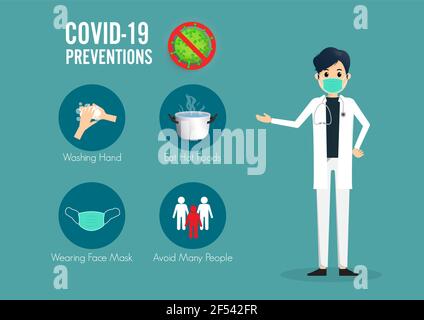 Coronavirus COVID-19 preventions infographic. Doctor standing point finger to preventions methods infographics. Stock Vector