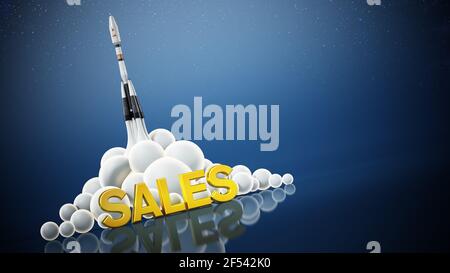 Sales text standing in front of a launching rocket. Business and success concept. 3D illustration. Stock Photo