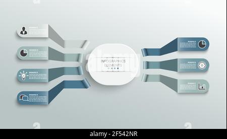 Vector infographic template with 3D paper label, integrated circles. Business concept with 7 options. For content, diagram, flowchart, steps, parts, t Stock Vector