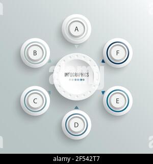 Vector infographic template with 3D paper label, integrated circles. Business concept with 6 options. For content, diagram, flowchart, steps, parts, t Stock Vector