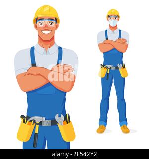 Handyman in bib overalls, hard hat and protective glasses with arms over chest. Vector cartoon character. Stock Vector