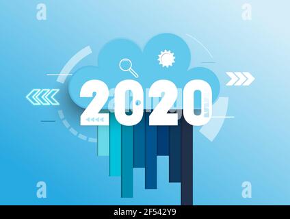 Infographic concept 2020 year. Hot trends, prospects in cloud computing services and technologies, big data storage, communication. Vector illustratio Stock Vector