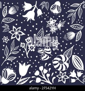 Flowers seamless pattern. White silhouettes flowers, leafs, branches on dark blue background. Vector illustration. Stock Vector