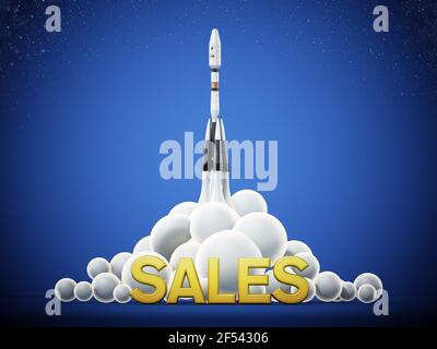 Sales text standing in front of a launching rocket. Business and success concept. 3D illustration. Stock Photo