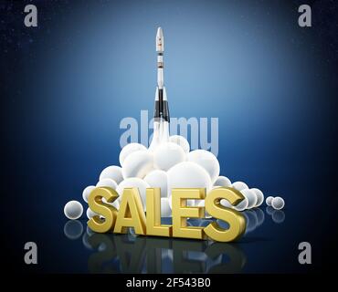 Sales text standing in front of a launching rocket. Business and success concept. 3D illustration. Stock Photo