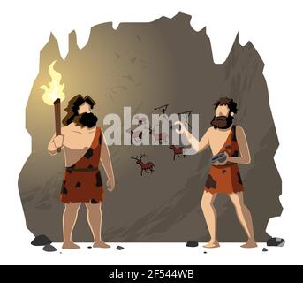 Cavemen Drawing Cave Painting Stock Vector