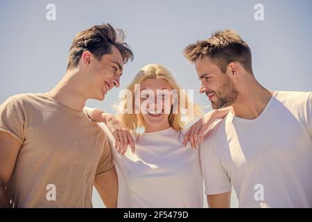 Member friendship wishes to enter into romantic relationship. Friendship love. Friend zone concept. Happy together. Cheerful friends. Friendship Stock Photo