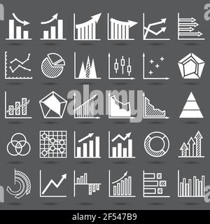 Set of business finance graph icon. Variety flat symbol vector. White element on grey background with shadow. Stock Vector