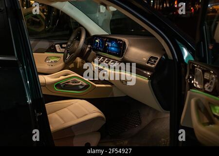 Moscow, Russia - December 24, 2019: Empty interior of premium SUV Mercedes GLS-class 2020 model. night photosession Stock Photo