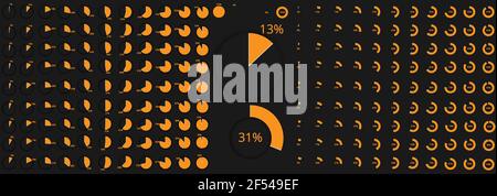 Set of Percentage Meter for Report Progress, Icon loader 0 to 100, 5, 10, 15, 20, 25, 30, 35, 40, 45, 50, 55, 60, 65, 70, 75, 80, 85, 90, 95, 100, Bri Stock Vector