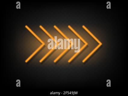 Yellow neon glowing arrow. Shining retro bright arrow fluorescent on transparency with shadow background vector. Neon line in graphic style panel. Stock Vector