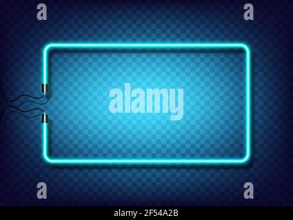 Blue fluorescent. Retro neon rectangle for wall frame with electric wire. Object on transparent background vector. Neon line in graphic style. Stock Vector