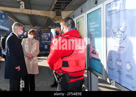 King Philippe - Filip of Belgium meets Securail personnel at a royal visit to the SNCB - NMBS train station and Infrabel train infrastructure company Stock Photo