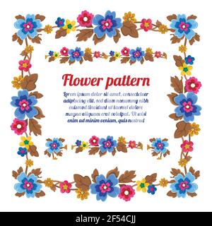 Colorful wreath formed by flowers and leaves. The color used in the wreath include green - blue - pink - yellow and brown. Vector illustration. Stock Vector