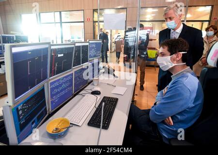 King Philippe - Filip of Belgium meets personnel at a royal visit to the SNCB - NMBS train station and Infrabel train infrastructure company in Ottign Stock Photo