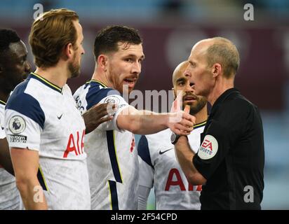 Villa Park, Birmingham, 21 Mar 2021  Tottenham's Pierre-Emile Hojbjerg with Referee Micheal Dean during their Premier League match against Aston Villa Stock Photo