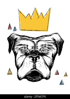 vector illustration of a hand drawn realistic dog with a crown and with triangles on a white background Stock Vector