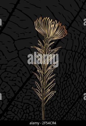 Minimalist botanical illustration. Golden outline of a plant on a black background.. Suitable for posters, greeting cards, corporate cards and invitat Stock Vector