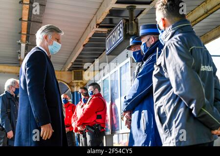 King Philippe - Filip of Belgium meets train conductors at a royal visit to the SNCB - NMBS train station and Infrabel train infrastructure company in Stock Photo