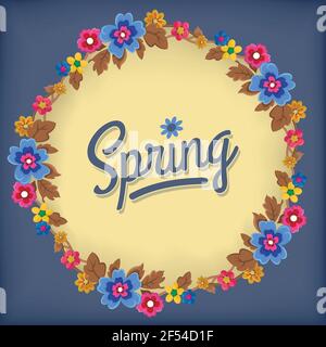 Spring floral pattern with round shape. The colors used in the wreath include green, blue, pink, yellow and brown. Vector illustration. Stock Vector