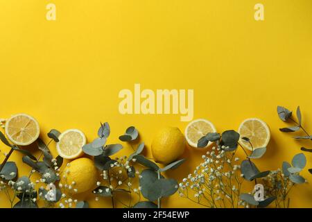 Eucalyptus branches, lemons and gypsophila on yellow background Stock Photo