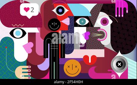 Group of people and smiling sign graphic artwork. Different people talk to each other. Modern abstract art graphic illustration. Stock Photo